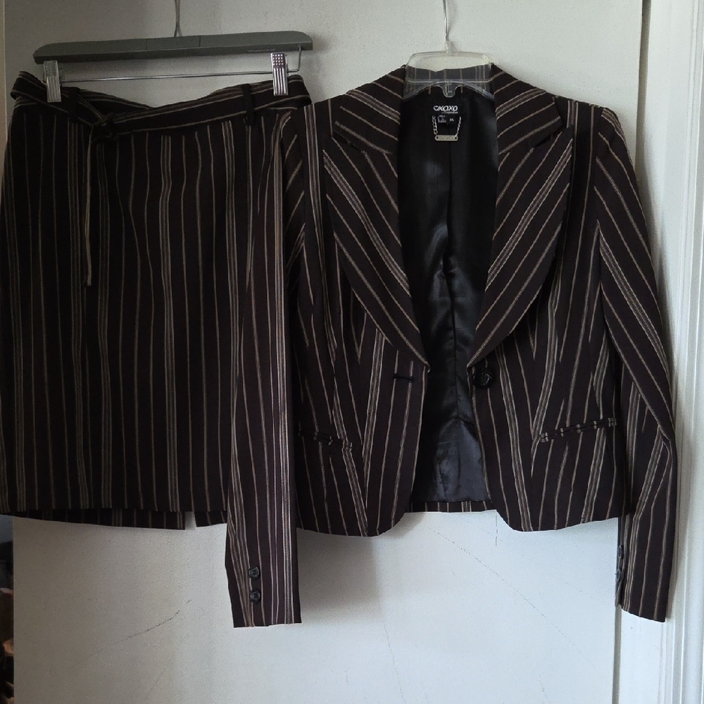 Xoxo's Brown Striped Blazer and Skirt Set